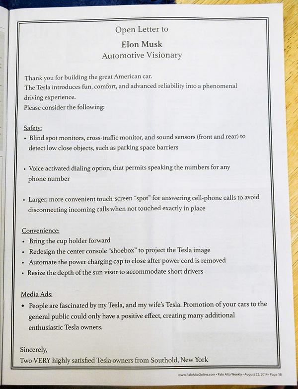 特斯拉车主用整版广告向特斯拉CEO马斯克致信