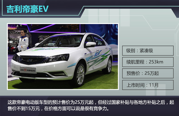 根据获得的信息来看，这款帝豪电动版车型的预计售价为25万元起，但经过国家补贴与各地方补贴之后，起售价不到15万元，在价格方面可以说是很有竞争力。车身尺寸方面与普通汽油版车型相同，长、宽、高分别为4631/1789/1470mm，轴距2650mm。