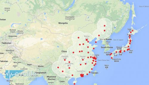 2015年底亚洲超级充电站分布