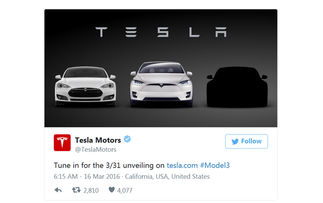 特斯拉3月31日发布廉价电动车Model 3 卖22.8万