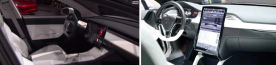 左图为 Model 3 中控屏，右图为 Model S 中控屏(图片来自 electrek)