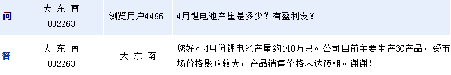 大东南主要生产3C产品 4月份锂电池产量约140万只