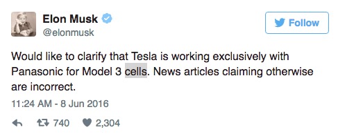 马斯克否认三星将为特斯拉Model 3供应动力电池