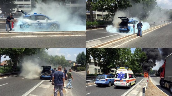 宝马i3电动警车意大利罗马街头自燃  火势难以控制