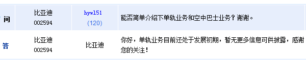 比亚迪：单轨业务目前正处于发展初期