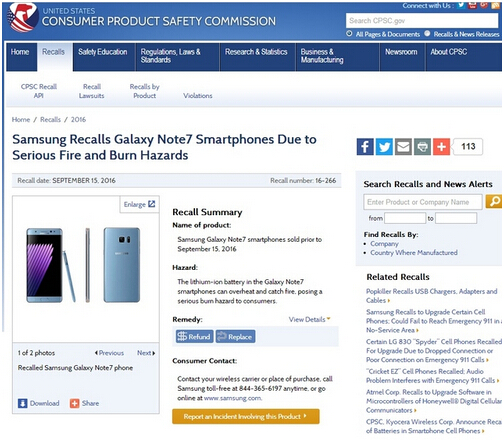 92起报告凸显电池爆炸风险 美国召回百万部三星Note 7手机