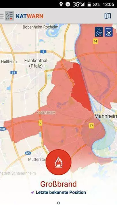 ▲手机警报系统Katwarn发出的警报