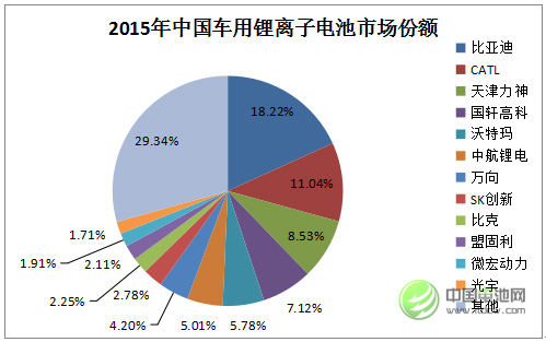 2015年中国车用锂离子电池市场各企业份额统计