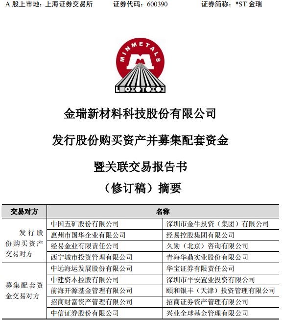 *ST金瑞拟178亿收购五矿资本100%股权 重启资产重组