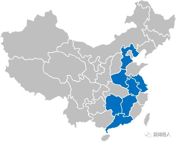 蓝色图示区为锂电池隔膜材料规模较大省份