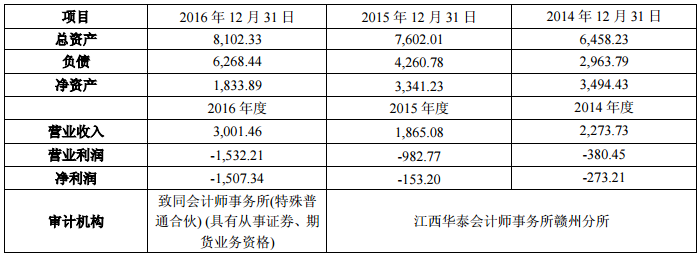 赣州豪鹏主要财务数据（单位：人民币万元）