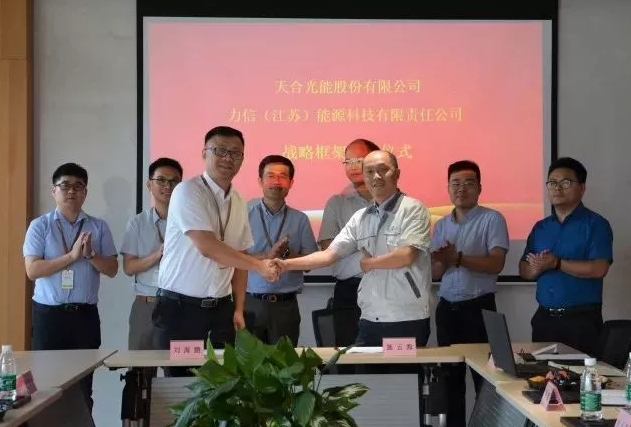 天合光能副总裁刘海鹏、力信能源副总裁施云海代表双方签约