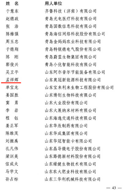 奥冠集团董事长孟祥辉入选第四批国家“万人计划”
