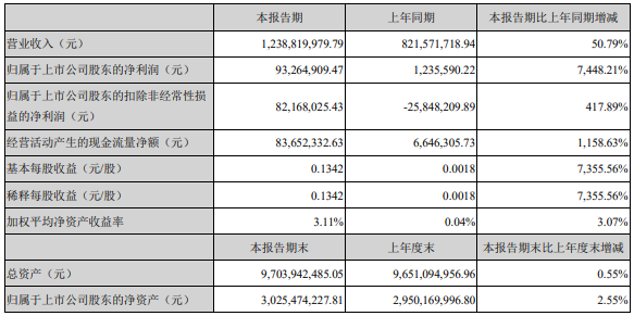 多氟多2021年第一季度主要财务数据（单位/元）