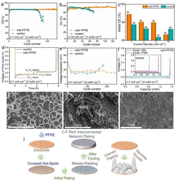 图2.锂铜非对称电池的电化学性能、锂在铜表面的沉积形貌和沉积演化