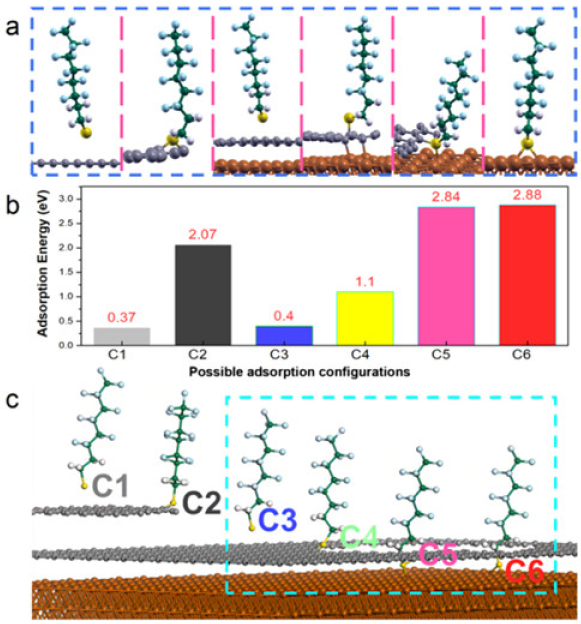 图2.PFOT修复石墨烯缺陷的六种吸附构型 