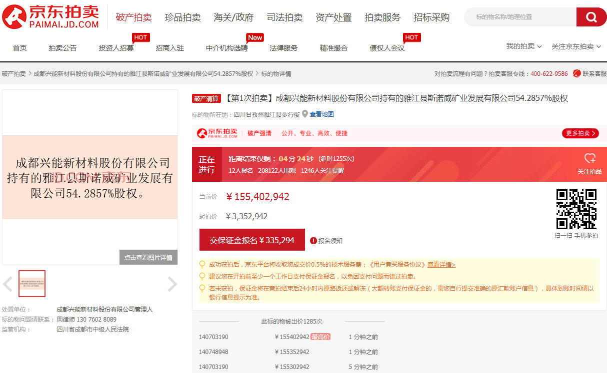 出价多达1285次 竞价已超1.55亿：四川一锂矿火爆拍卖