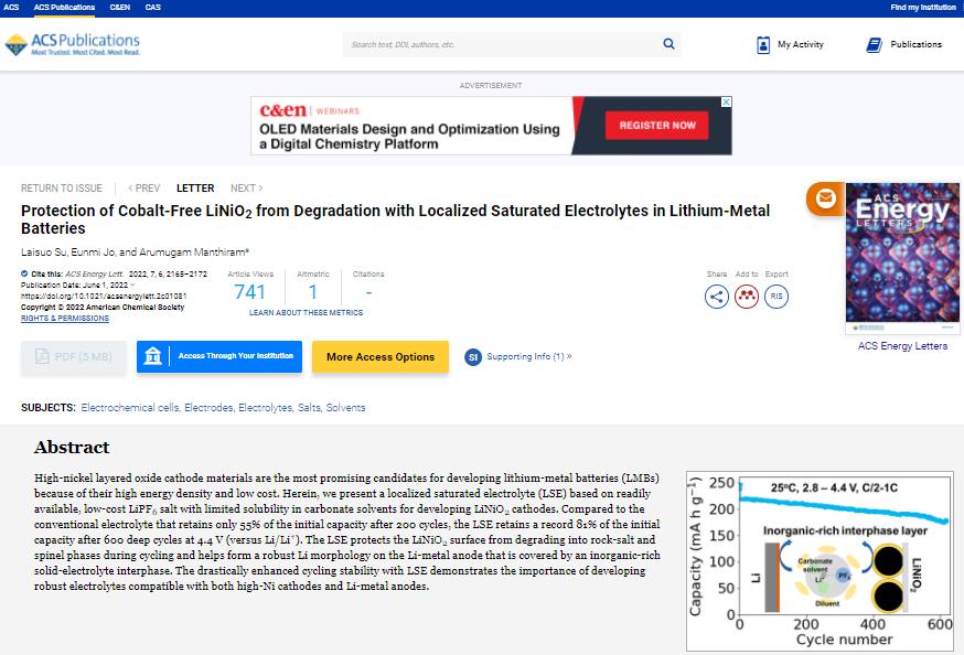 科学家开发新型电解液体系 助力无钴高镍锂电池性能提升