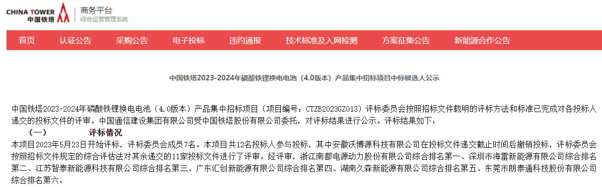 中国铁塔2023-2024年磷酸铁锂换电电池集采中标候选人公示