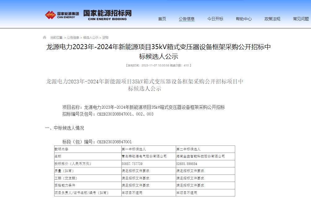 超5亿！特锐德预中标龙源电力新能源项目35kV箱式变压器项目
