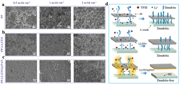 循环后负极形貌对比及调控锂沉积示意图
