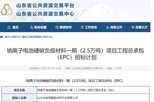 10亿元！山东德州一钠电池材料项目招标