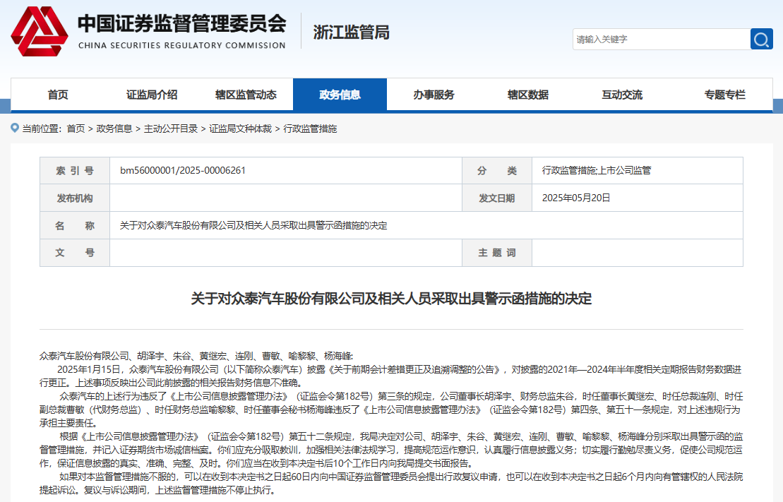 关于对众泰汽车股份有限公司及相关人员采取出具警示函措施的决定