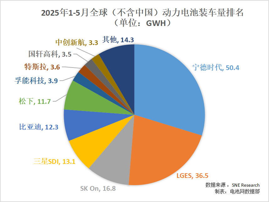 2025年1-5月全球（不含中国）动力电池装车量排名