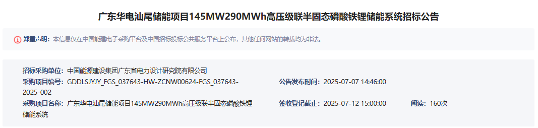 广东华电汕尾储能项目145MW290MWh高压级联半固态磷酸铁锂储能系统