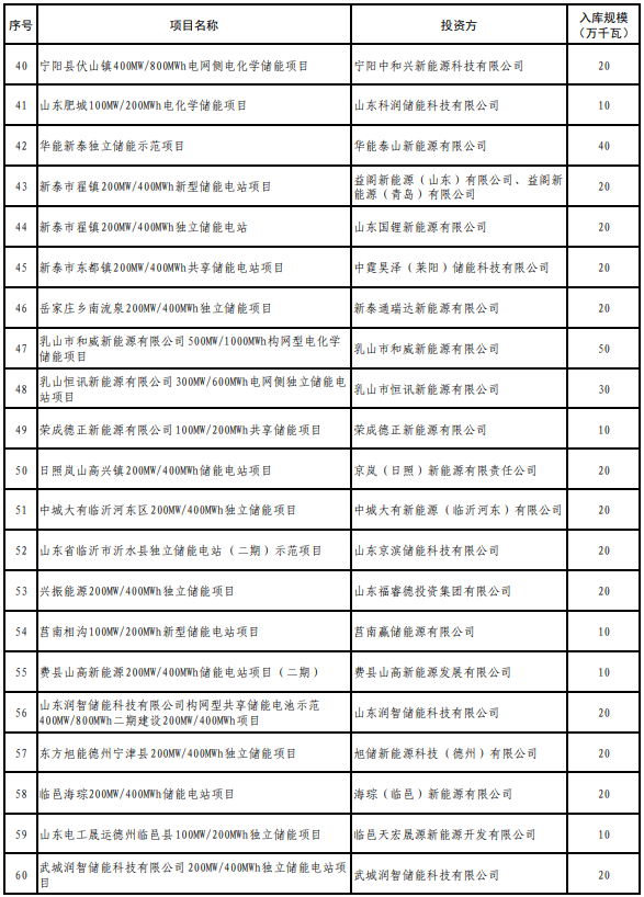 山东2025年度新型储能入库项目公示