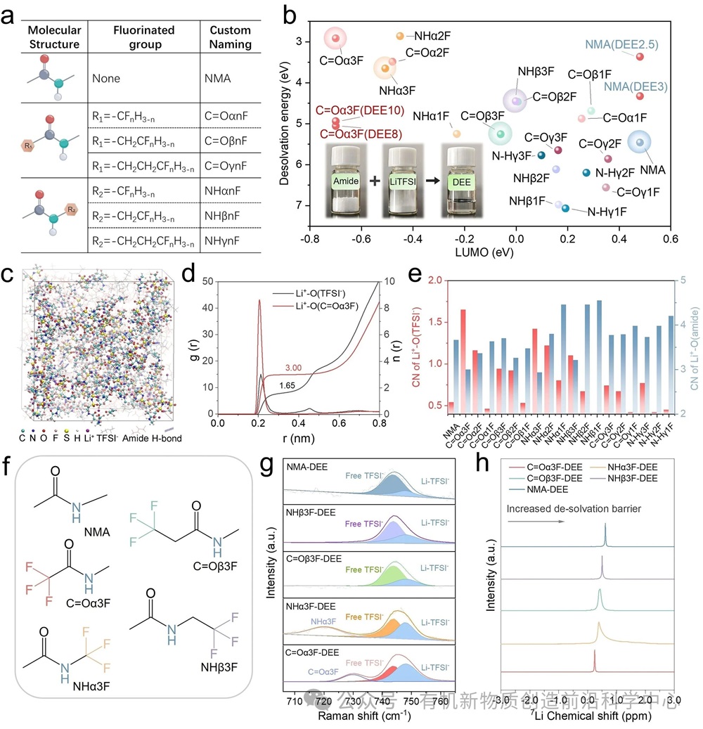 图2. (a) 酰胺分子的自定义命名法。(b) 酰胺分子的LUMO能级及其在低共熔电解质（DEE）中与Li⁺的去溶剂化能量，插图为DEE的制备过程。图中未标注的数据点均对应DEE4。(c) C=Oα3F-DEE的快照及溶剂化结构，球棍模型显示了包含阴离子的溶剂化结构。(d) C=Oα3F-DEE的径向分布函数（RDF）。(e) 分子动力学模拟得到的Li+–O(酰胺)和Li⁺–O(TFSI⁻)配位数（CNs）。(f) 主要实验对象的化学结构。(g) DEEs的拟合拉曼光谱。(h) DEEs的核磁共振光谱（NMR）。
